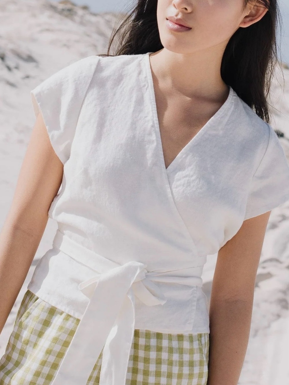 notPERFECTLINEN Madrid Cropped White Linen Short Sleeve Wrap Top with Tie M
